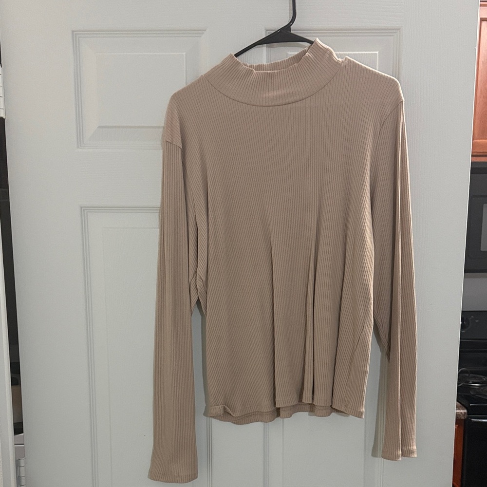 Anthropologie Taupe Ribbed Mock Neck Long Sleeve Top